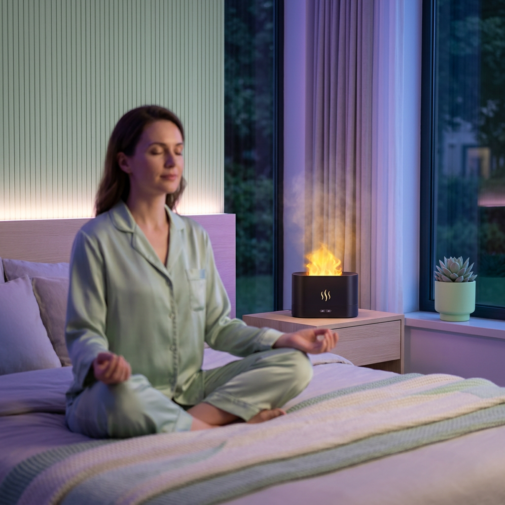 Woman meditating on a bed with a flamora flame diffuser aromatherapy humidifier on a nightstand.